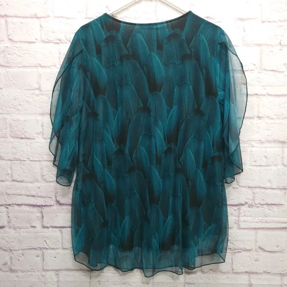 Sese Code Teal Feather Sheer Mesh Tunic Blouse Sz XL Flowy Flutter Boho Mature - Picture 2 of 8